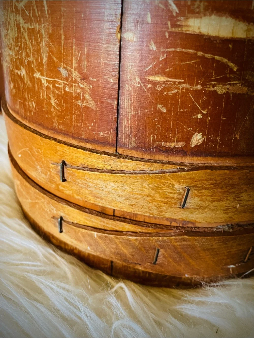 Vintage Primitive Wood FIRKIN Sugar Bucket Finger Bands Pegged Bentwood Handle